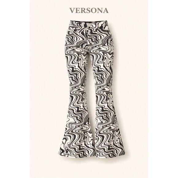 Versona Denim - Versona Get Groovy Extreme Flare Jeans Womens Size 4 Black White Retro Print NWO